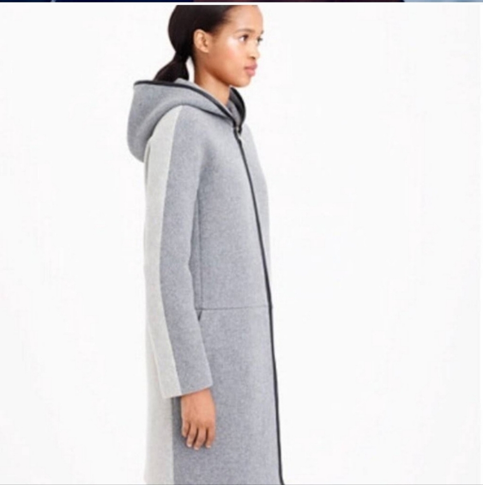 J Crew Stadium Cloth Color Blocked Coat Leather Detail Like NEW 4 - Picture 2 of 9